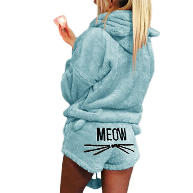 Women Girls Plus Size Winter Thicken Pajamas Set Cute for Cat Meow