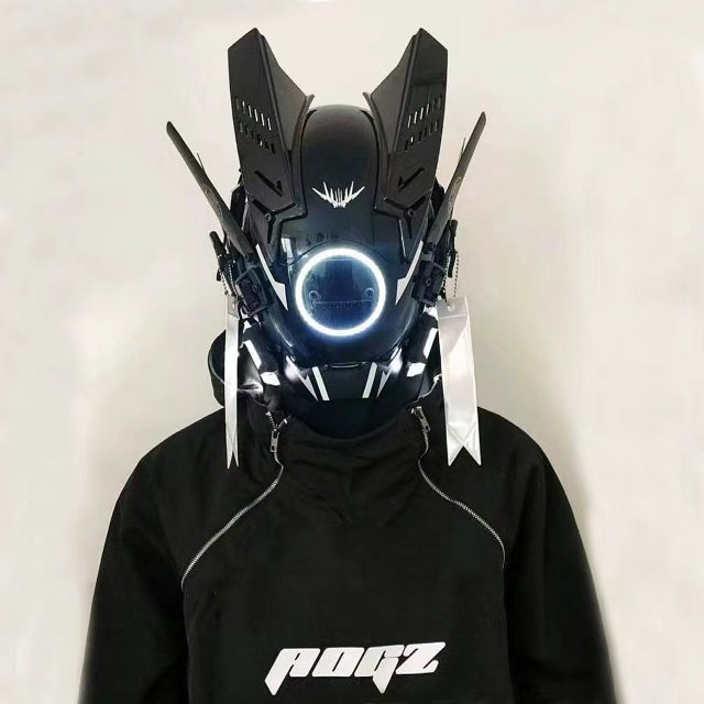 Casco ciberpunk, máscara genial, máscara de cosplay tecnológica con luz LED, máscara de samurái shinobi, trenzas, rastas, regalo de Navidad para adultos geek