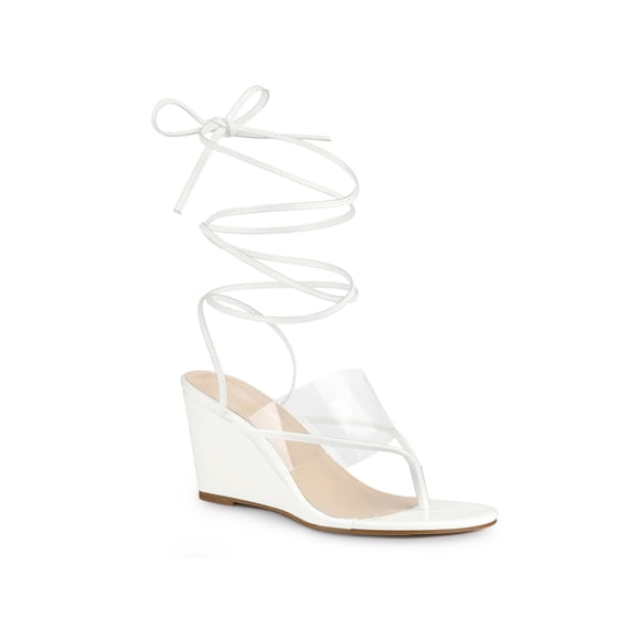 BLISSFUL STEP Women's Lace Up Clear Strap Flip Flops Wedge Sandals White 9.5