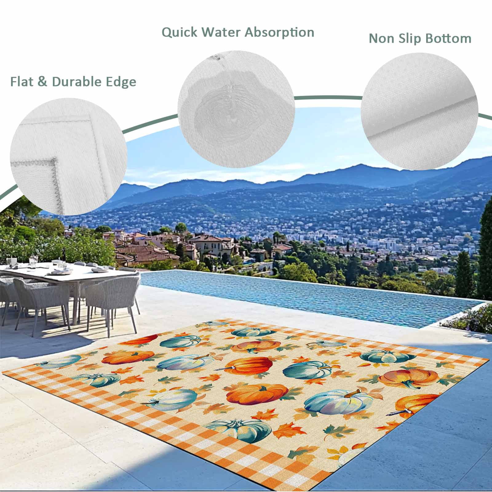 Fsddascl Fall Orange Blue Pumpkins Outdoor Rug for Patio/Deck/Porch, Non-Slip Large Area Rug 5 x 8 Ft, Orange Plaid Thanksgiving Indoor Outdoor Rugs Washable Area Rugs, Reversible Camping Rug Carpet