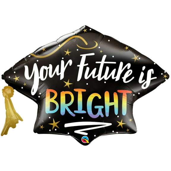Qualatex Your Future is Bright Graduation Cap 41" Super Shape Foil Balloon, Black Multi