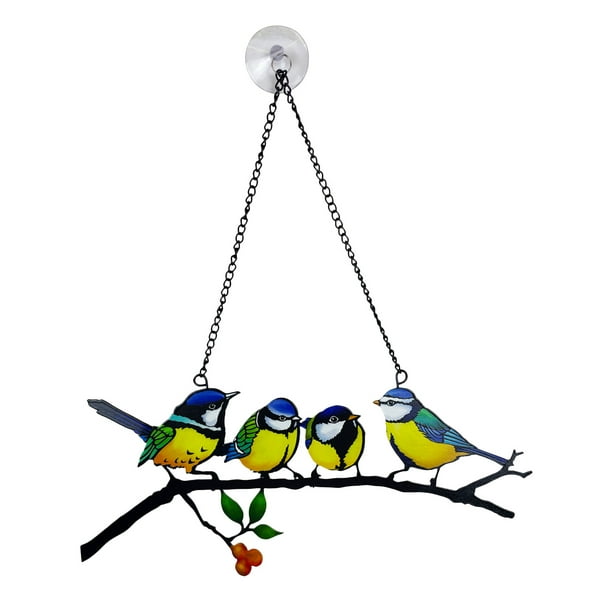 Colgante de 4 Pájaros, Diseño Colorido de Hierro Pintado a Mano, Decoración Alegre para Ventanas, Ilumina Cualquier Espacio, con Ventosa, Arte Único Hecho a Mano, Gran Regalo para Seres Queridos, 1 A