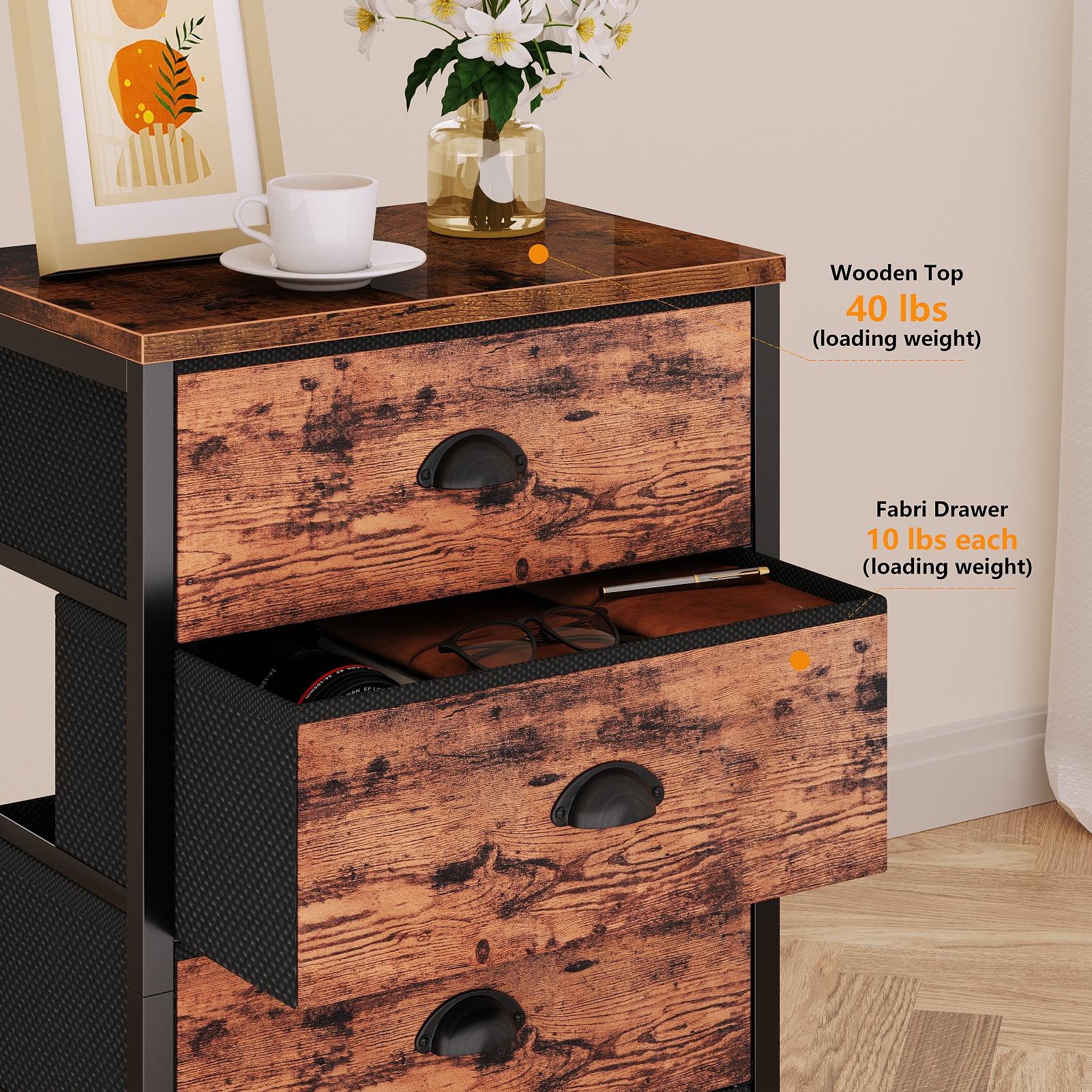 Tydimor 6 Drawer Dresser,Chest of Drawers for Bedroom Tall Fabric Dresser,Rustic Brown