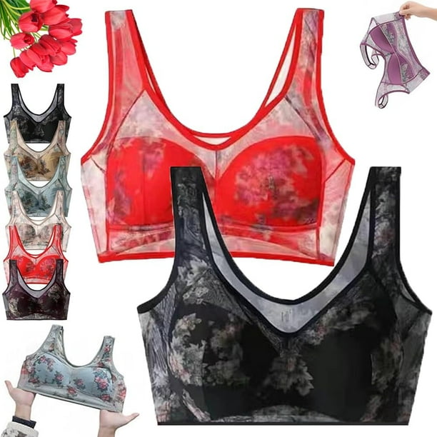 Foxyseniors Bra, ElleBloom Bra - Ultra Thin Ice Silk Lace Cooling Comfort Bra, Sujetadores Push Up inalámbricos sin Costuras para Mujer