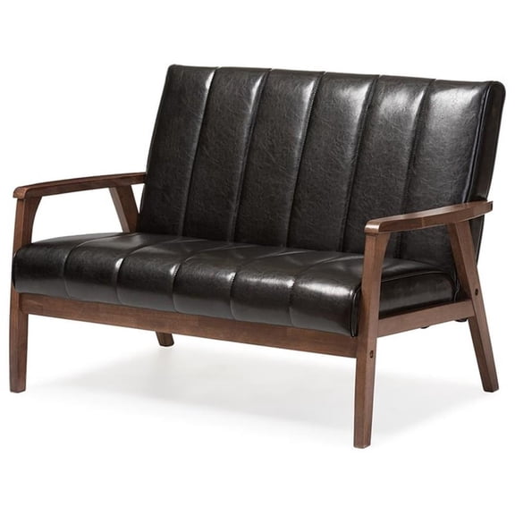 Baxton Studio Nikko Mid-century Modern Scandinavian Style Black Faux Leather Wooden 2-Seater Loveseat
