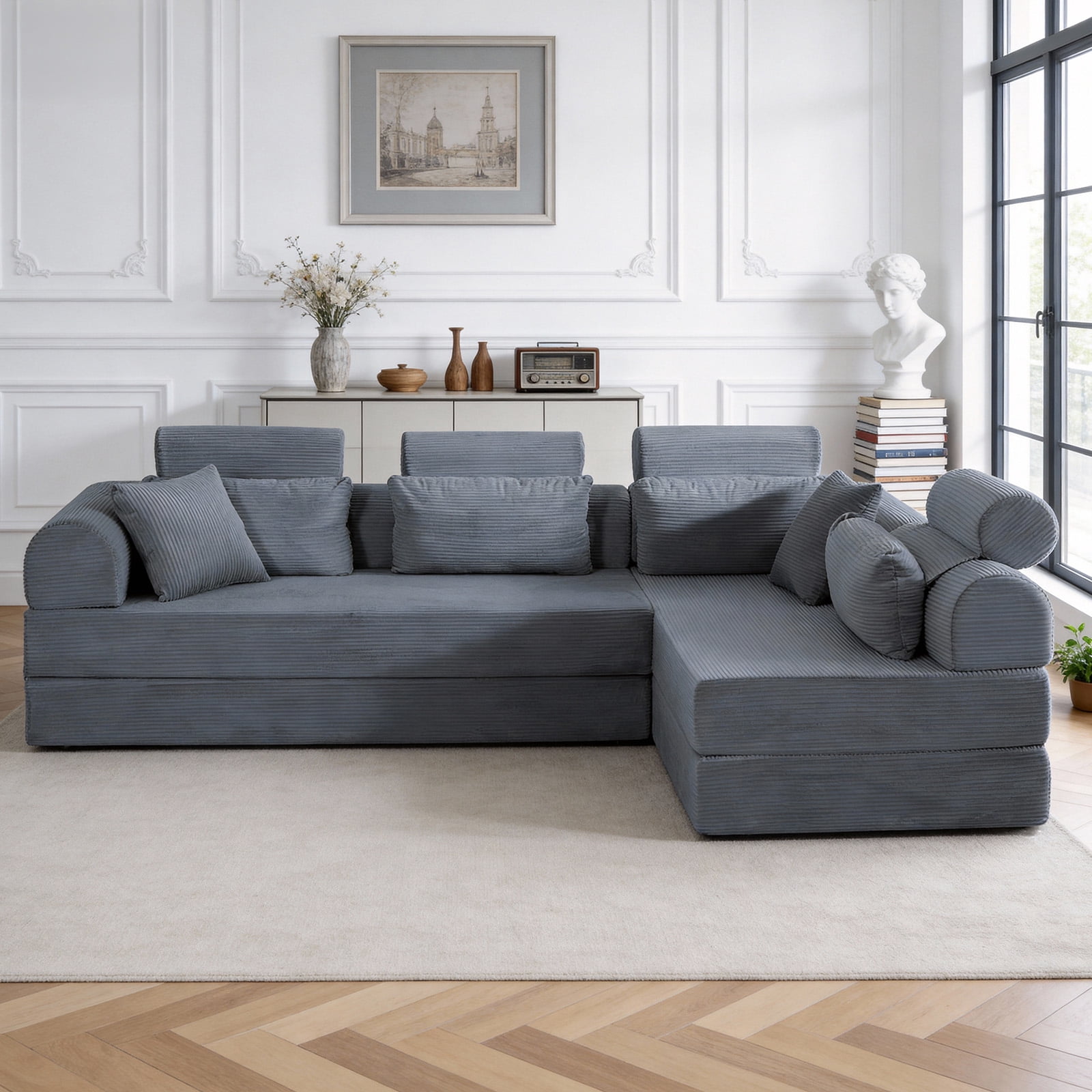 L-Shaped Sectional Sofa Converts to Bed, Corduroy Chaise Lounge with 28D High-Density Foam, No Assembly Compressed Couch for Apartments and Studios, Dark Gray