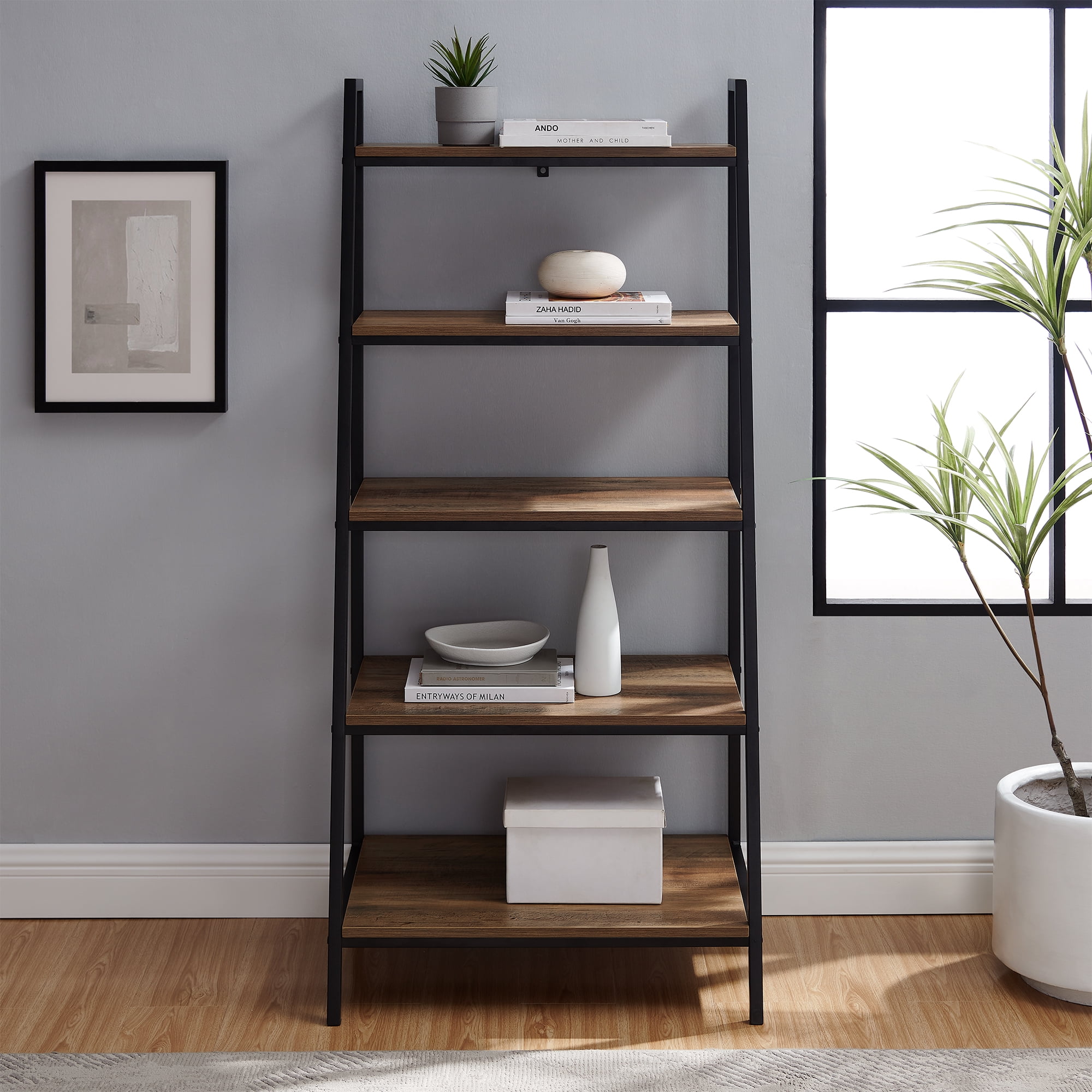 Manor Park Modern 5-Shelf Ladder Bookshelf, Reclaimed Barnwood