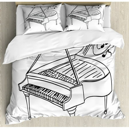 Outline Music Note Music Note Duvet Cover Set, Monochrome Style Outline Drawing of a Piano on a Plain Background, Decorative Bedding Set with Pillow Shams, Charcoal Grey and White, by Ambesonne ()