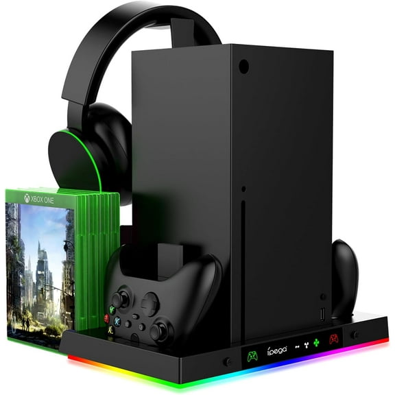 IPEGA RGB Charging Stand with Cooling Fan for Xbox Series X Console and Controller, Dual Suction Cooler Fan System Stand Accessories with 8 Game Storage Organizer, Headset Hanger, for Xbox Series X