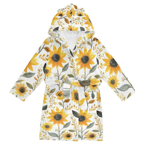 FORMRS Niños Bathrobe Unisex Hooded Robe Soft Plush Pajamas Sleepwear, Size 2-3T, White Watercolor Sunflowers