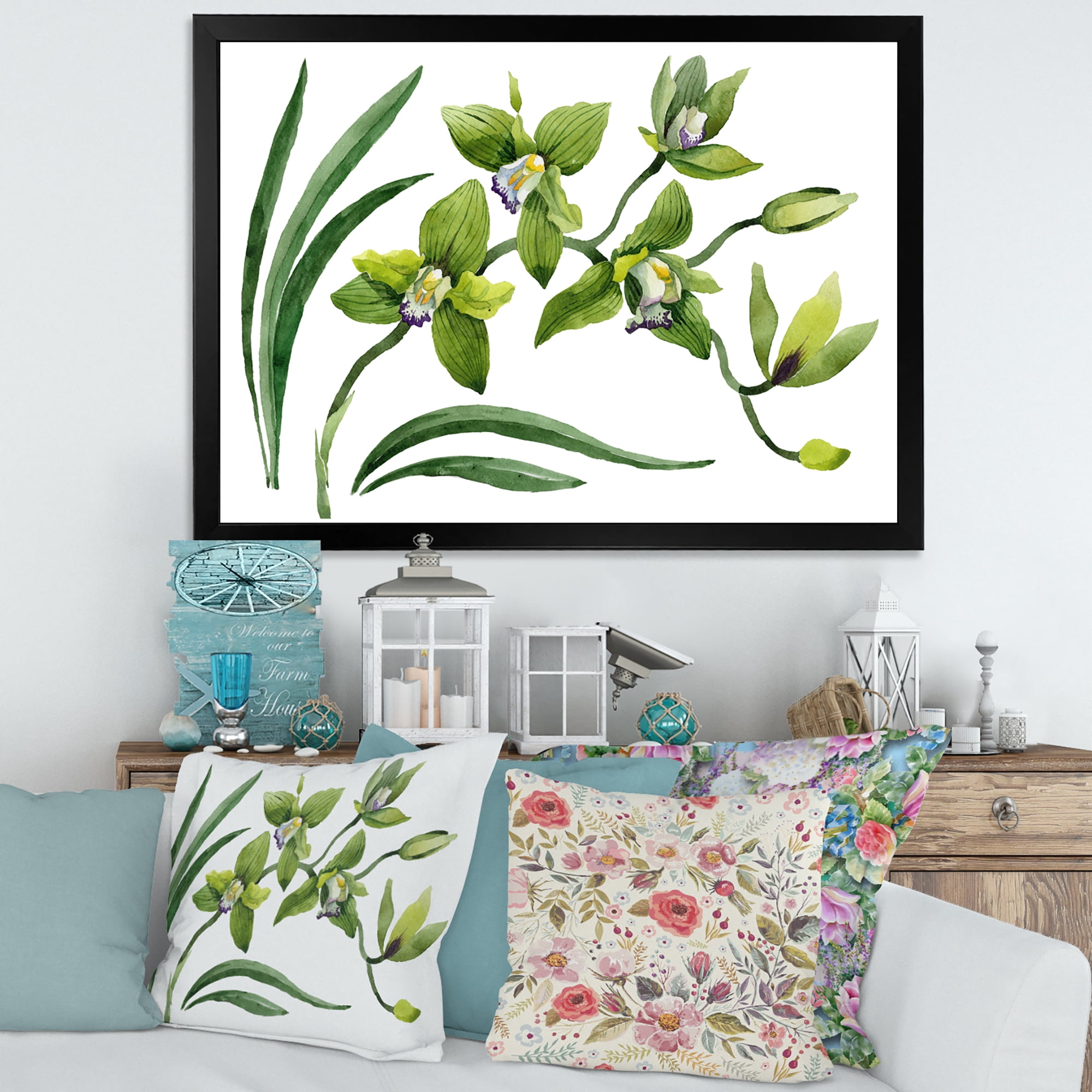 Designart 'Green Orchid Flowers On White' Traditional Framed Art Print