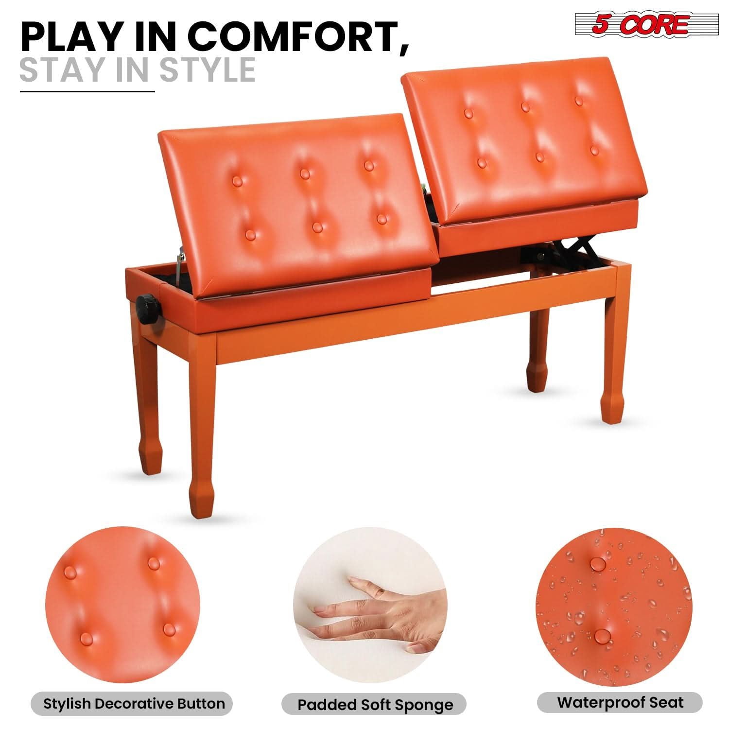 5 CORE Duet Piano Bench with Storage Thick Padded Cushion 3.5 Inch Adjustable Height Solid Wooden Double Keyboard Musician Seat with PU Leather Cushion Cherry Caramel Bro
