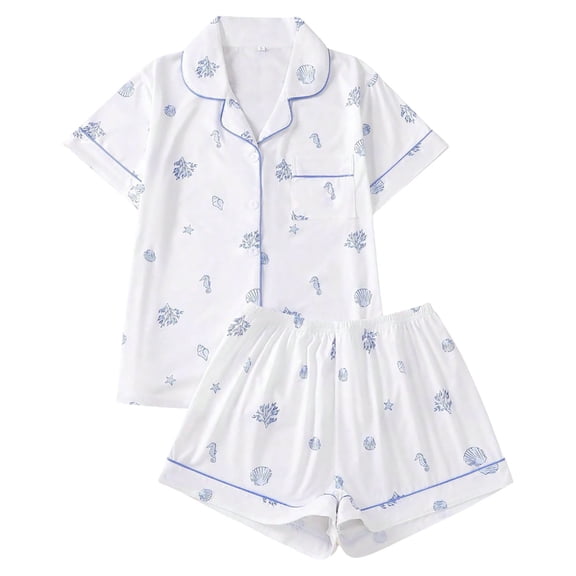 Women's Shorts Suits 2 Piece Summer Beach Hawaiian Printed Short Sleeve Button Down Sets Comfy Casual Vacation Loose Fit Loungewear