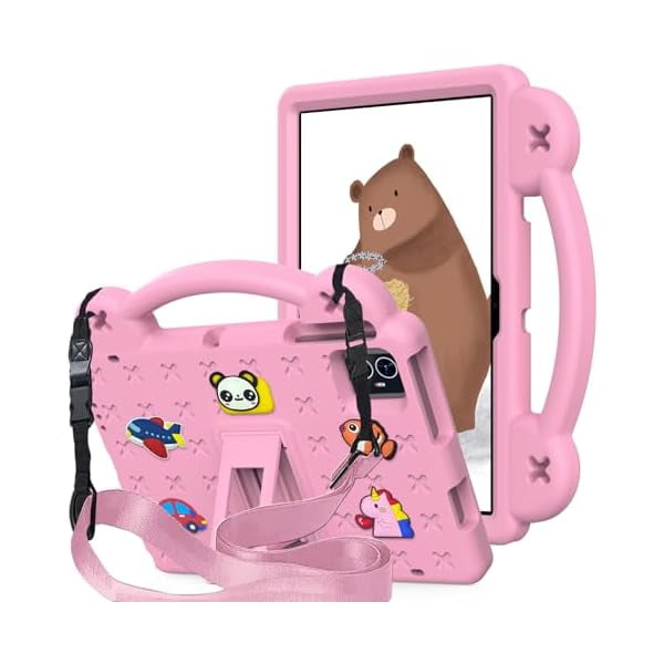 wonim11 for revvl tab 2 case (2025) eva shockproof tablet cover with stand handle shoulder strap, for tmobile revvl tab 2 tablet case 10.1'' pink — Funda EVA rosa para tablet 10.1" con asa integrada y correa de hombro desmontable; soporte trasero plegable tipo caballete, recortes para cámara y botones y dibujos infantiles impresos; también suele usarse para proteger tablets en actividades escolares o de viaje ligero.