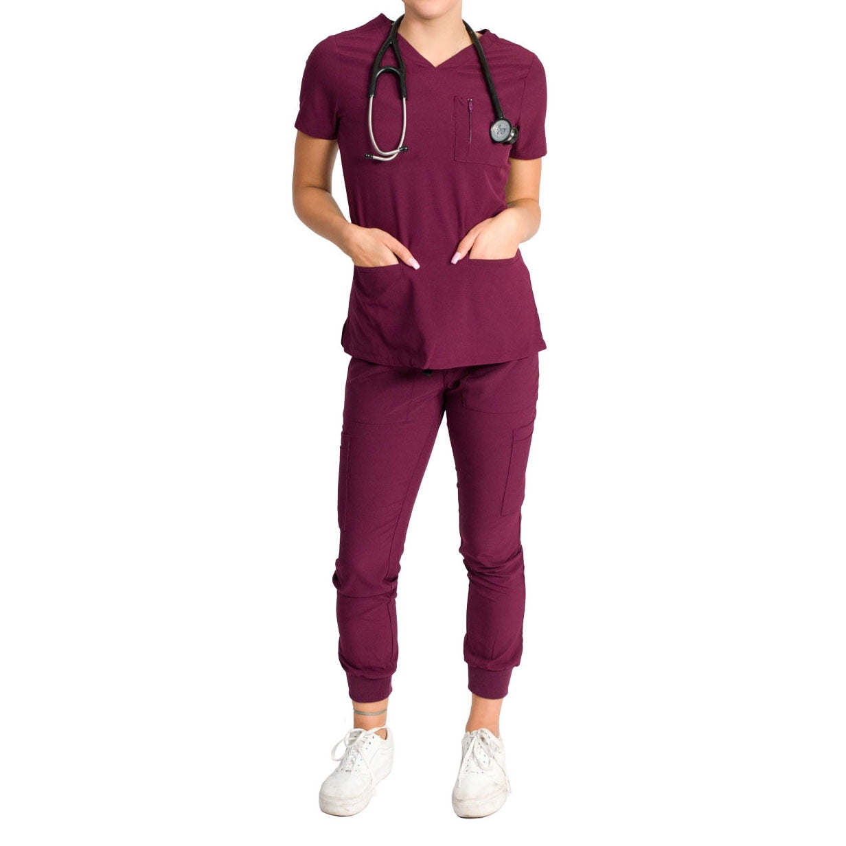 V Neck Fashion Rib Scrubs Uniforms Top Pants PS1116 Stretch Women Nursing Scrubs Set 