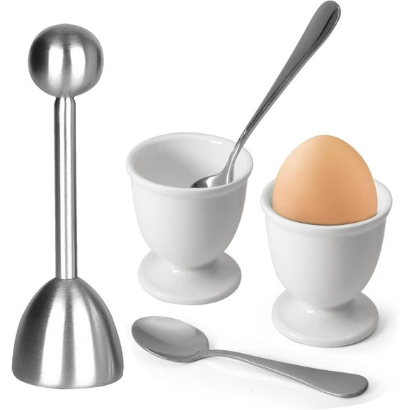 Egg Cracker Topper Set for Soft Hard Boiled Eggs Shell Removal Includes 1 Egg Cutter 4 Ceramic Egg Cups and 4 Spoons