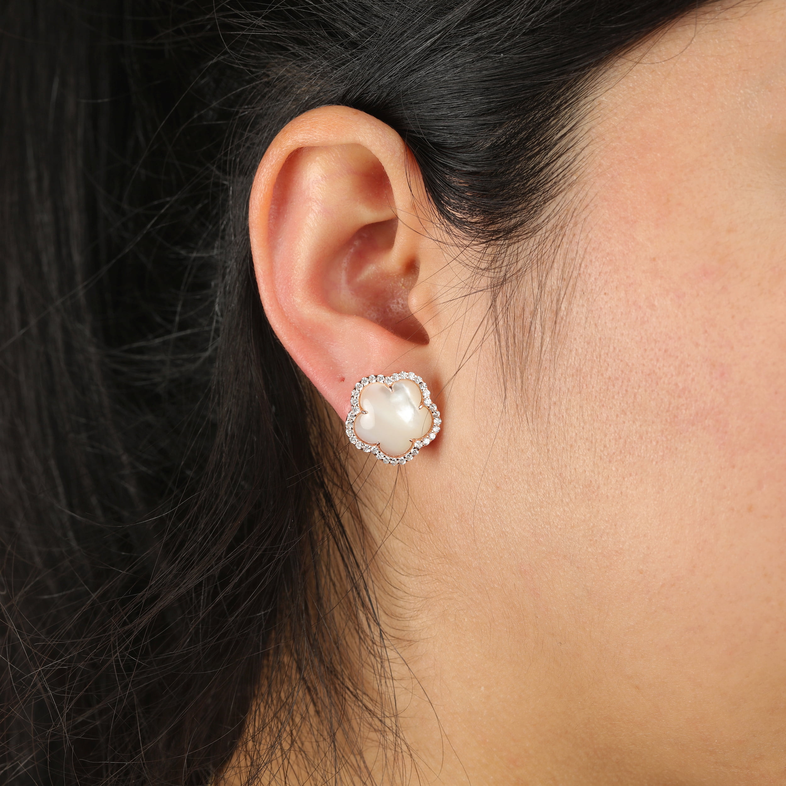 Mother of Pearl and Cubic Zirconia Five Petal Flower Stud Earrings in 925 Sterling Silver with Rose Gold Plating with Friction Back by Lavari Jewelers