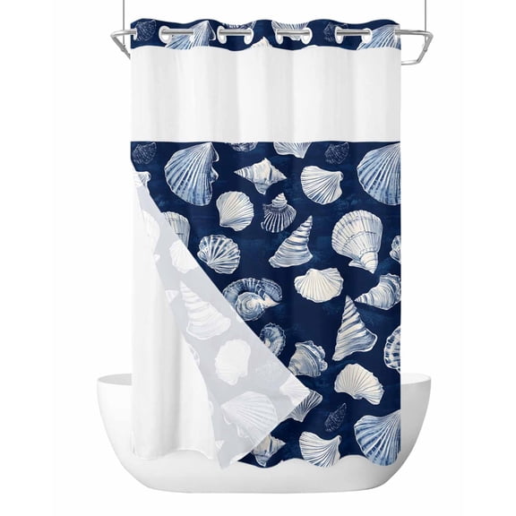 No Hook Cloth Fabric Shower Curtain with Snap in Liner, Navy Blue Coastal Waterproof Shower Curtains Set with See Through Top Window, Shell Conch Summer Beach Nautical Bath Curtains Shower 36"x78"