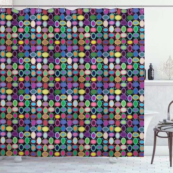 Geometric Shower Curtain, Abstract Colorful Figures and Tile of Concentric Oval Shapes on Dotted Background, Fabric Bathroom Set with Hooks, 69W X 84L Inches Extra Long, Multicolor, by Ambesonne