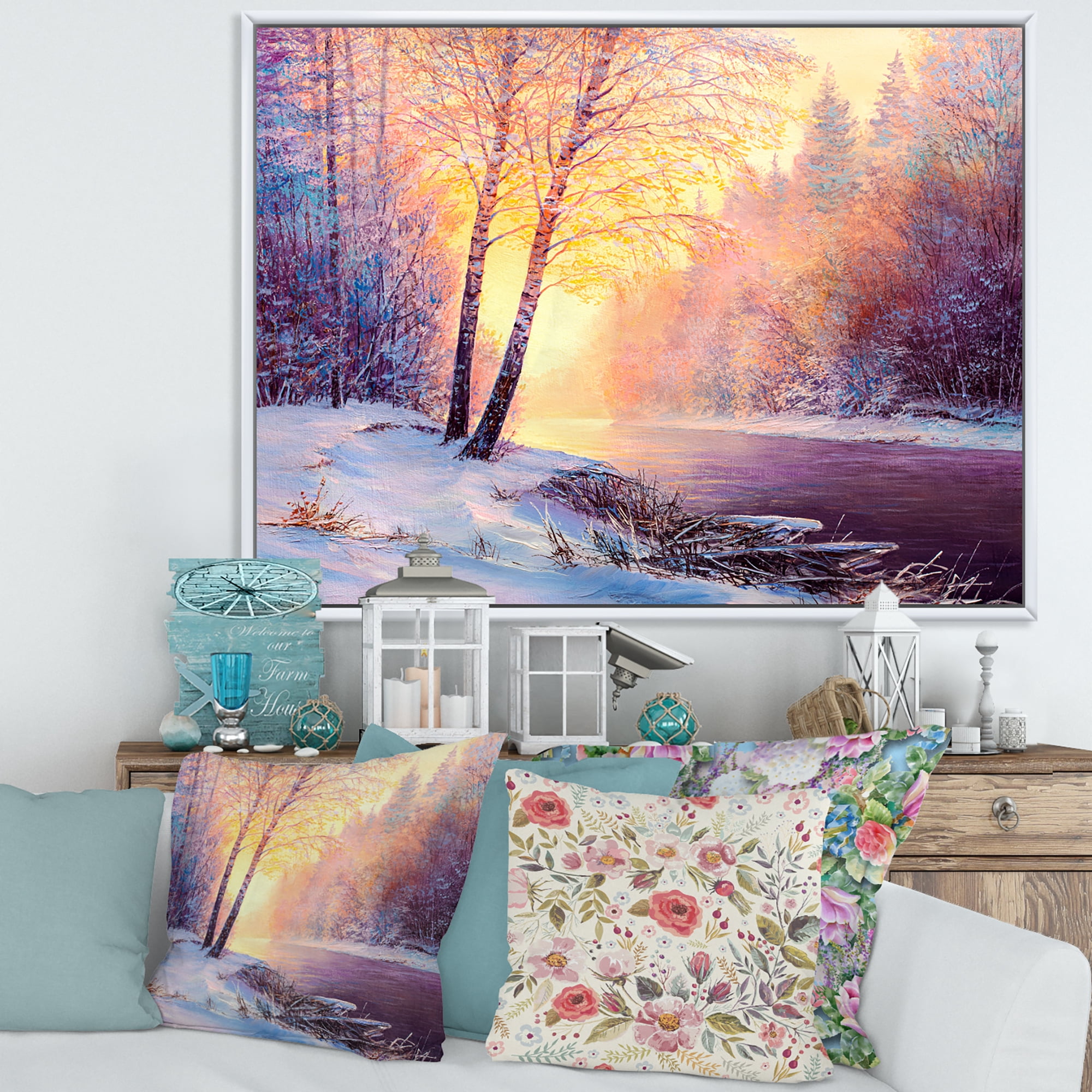 Bridge Of Meandering River With Winter Scenery II 40 in x 30 in Framed Photography Canvas Art Print, by Designart
