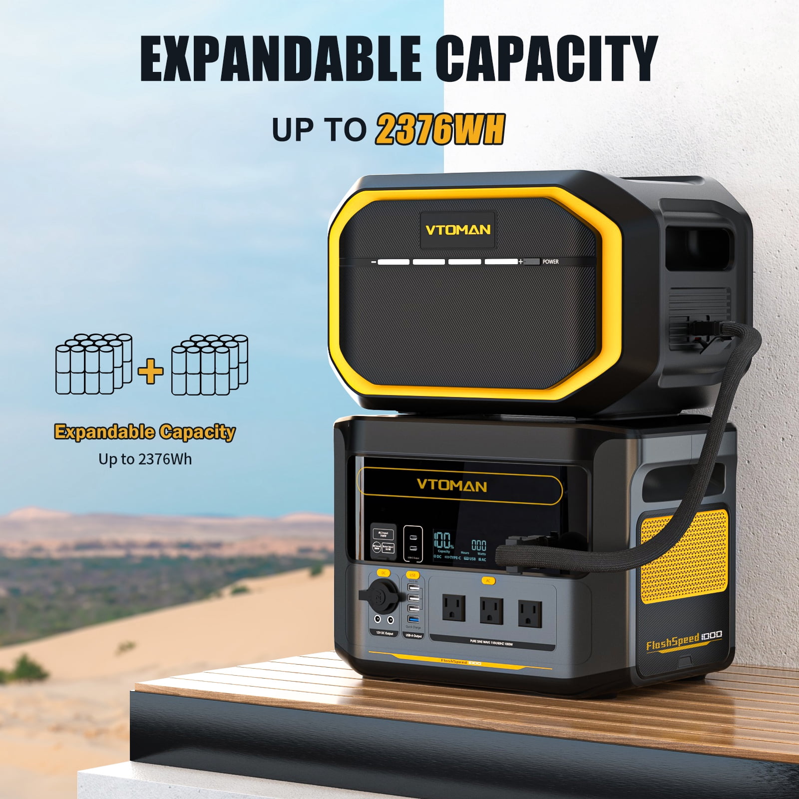 VTOMAN 1000W Portable Power Station with Extra Battery, 2376Wh UPS LiFePO4 Battery, Full Charge in 70MIN, 14 Output Ports for Jump Starter, Road Trip, Camping, Home Backup Power, Outage