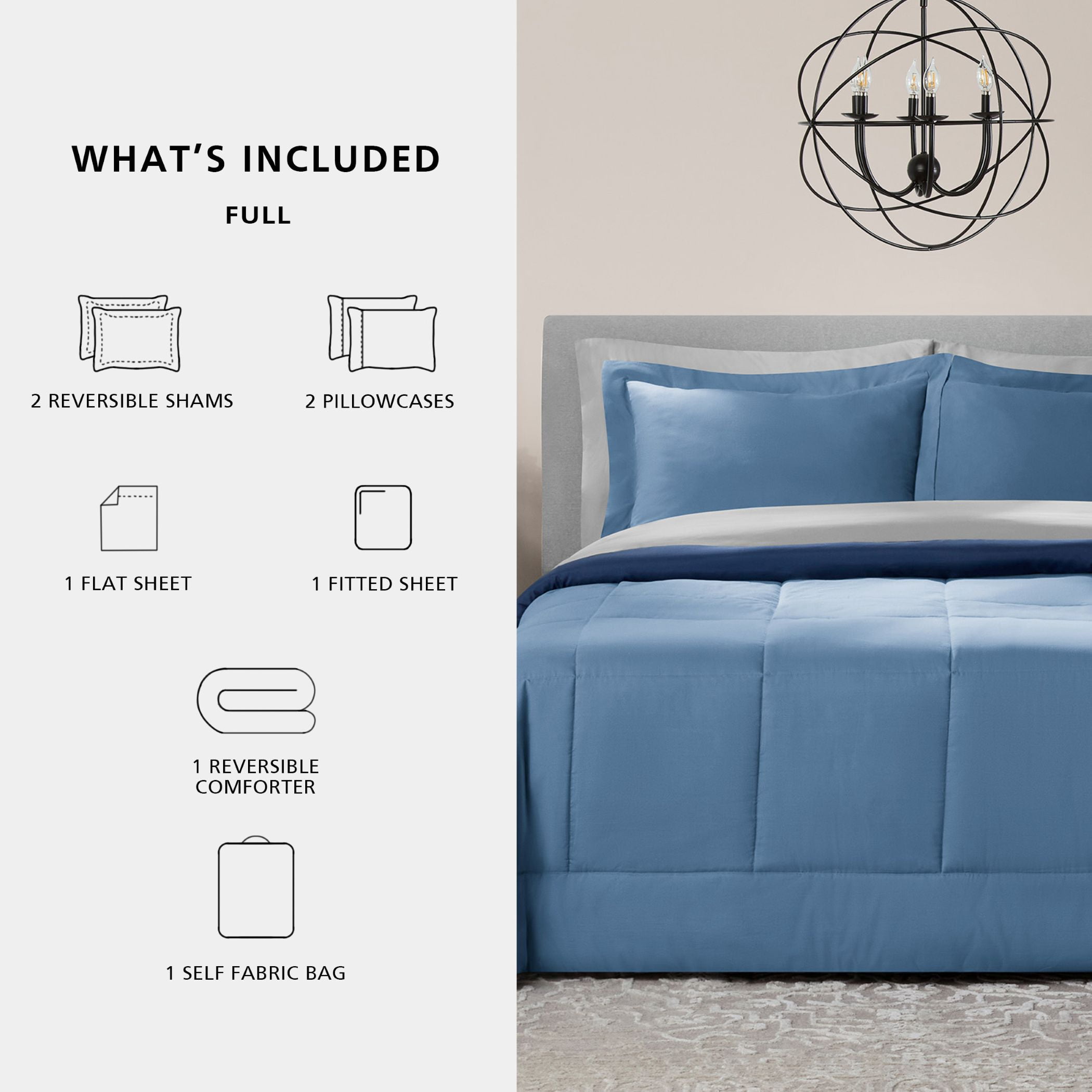 Mainstays Reversible 7-Piece Comforter and Sheet Set, Full, Light Blue