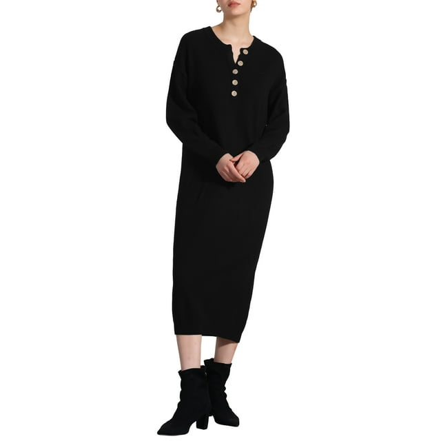INSPIRE CHIC Vestido de punto para mujer, de manga larga, con botones, cuello redondo, vestido de suéter midi, negro, talla M