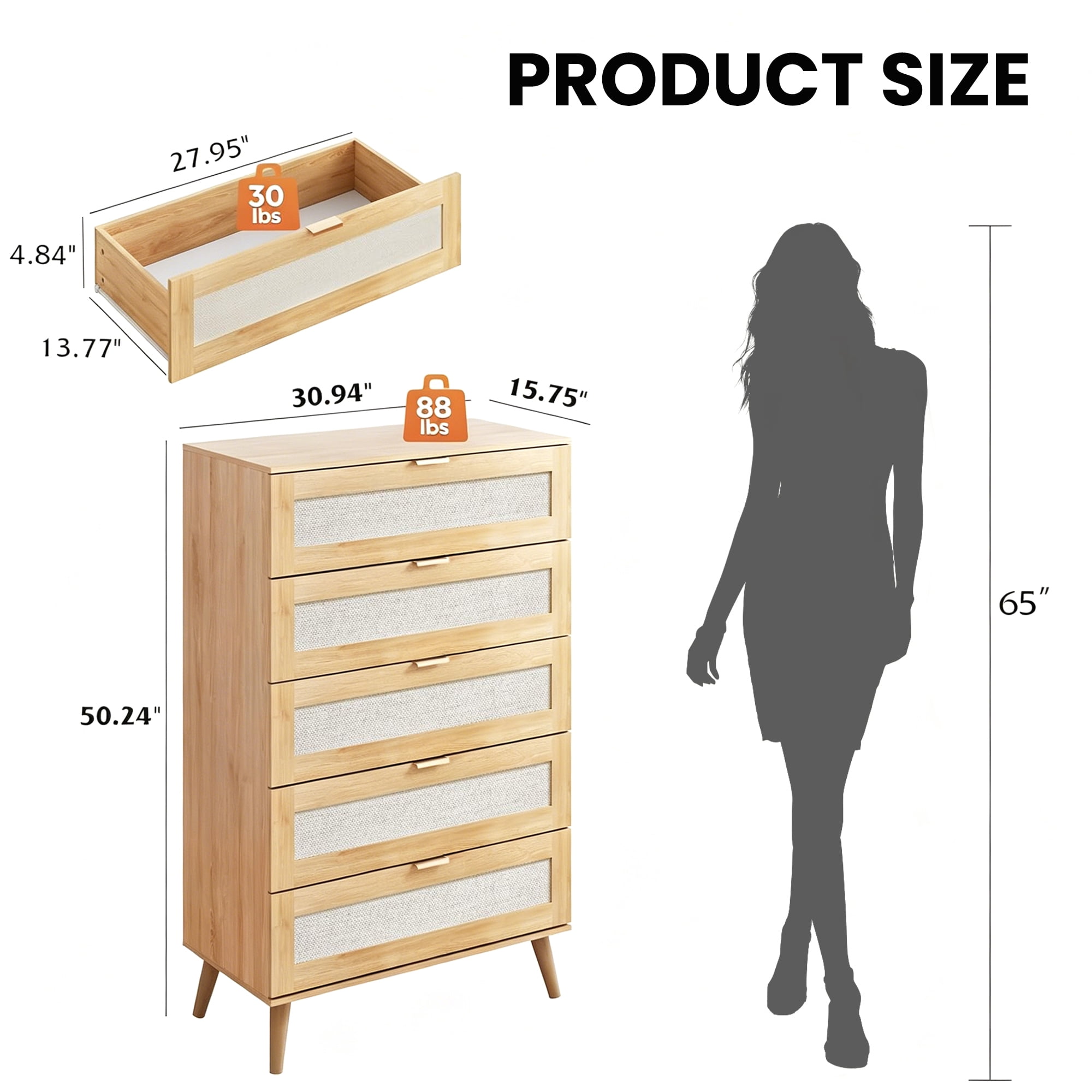 GALAXHERO Rattan 5 Drawer Dresser, Wooden Chest of Drawers, Boho Tall Dresser Closet Storage Organizer for Bedroom, Living Room, Hallway, Light Oak