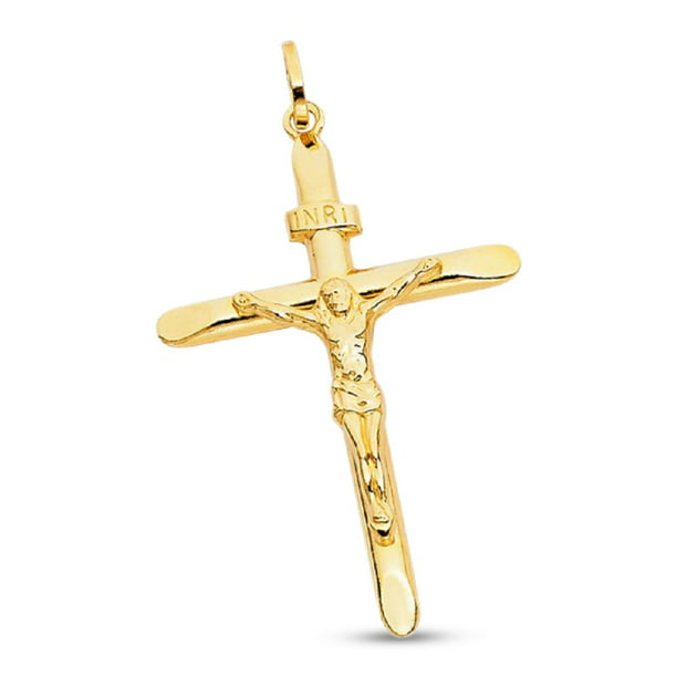 Jesus INRI Cross Pendant 14k Yellow Gold Crucifix Charm Solid 