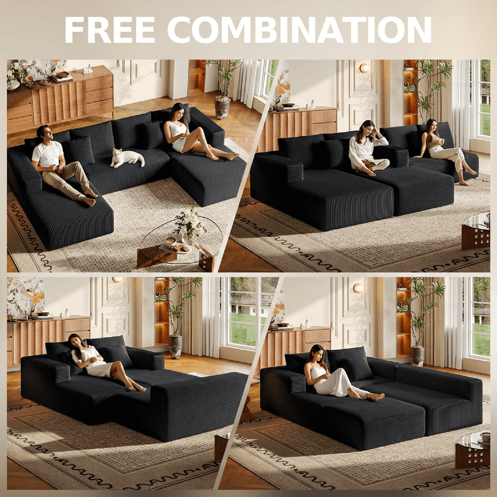 Liaroo 134.7" Sectional Sofa, Boneless Couch, U-Shaped Couches with Chaise No Assembly Required Modular Cloud Sofa for Living Room Apartment Theater Room
