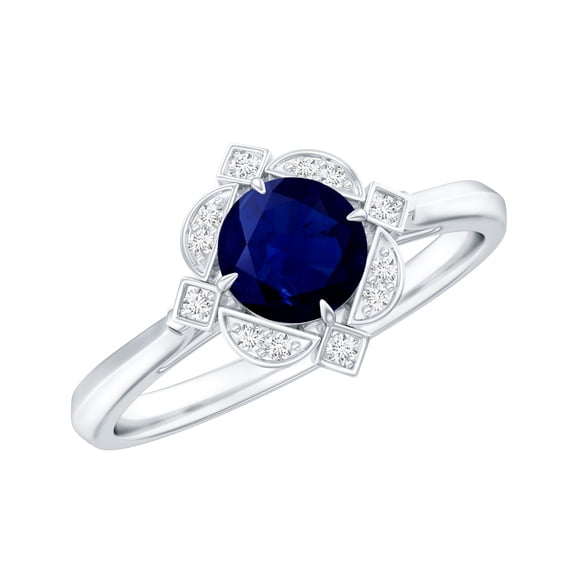 Rosec Jewels Vintage inspired Ring - Blue Sapphire Engagement Ring with Diamond, 925 Sterling Silver, US 4.00
