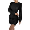 thumbnail image 2 of Kilaqueen Womens Elegant Mini Dresses Sexy Crew Neck Lantern Long Sleeve Ruched Bodycon Dress Slim Fitness Stretchy Cocktail Dresses Club Party Dress, 2 of 7