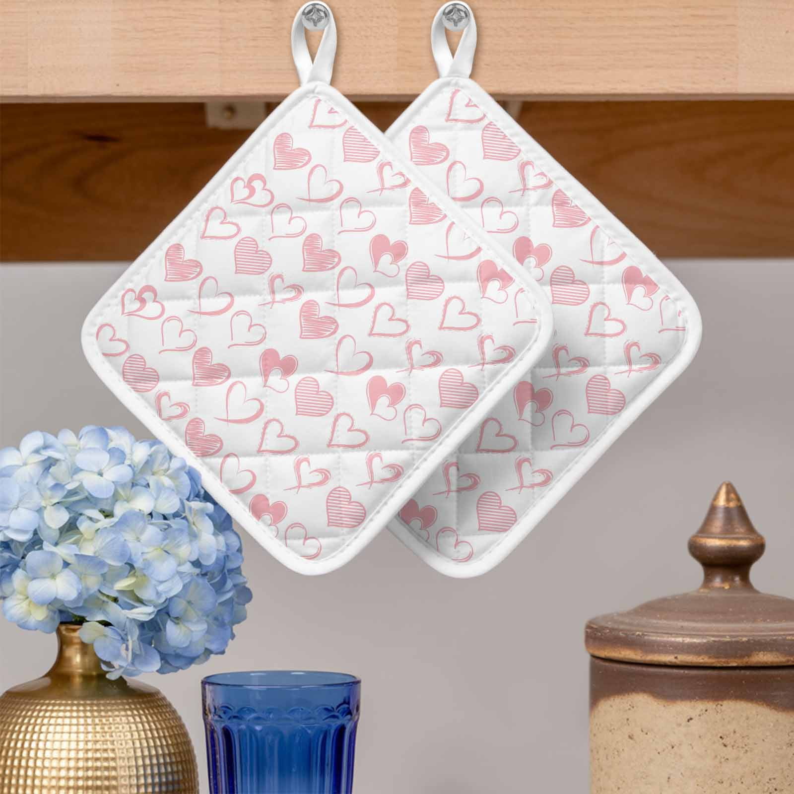 Valentine's Day Pot Holders for Kitchen Heatproof Potholder, 3 Pack Valentines Pink Love Heart Romantic Hot Pads Multipurpose Oven Pads Cloth Potholders Trivet for Cooking Baking