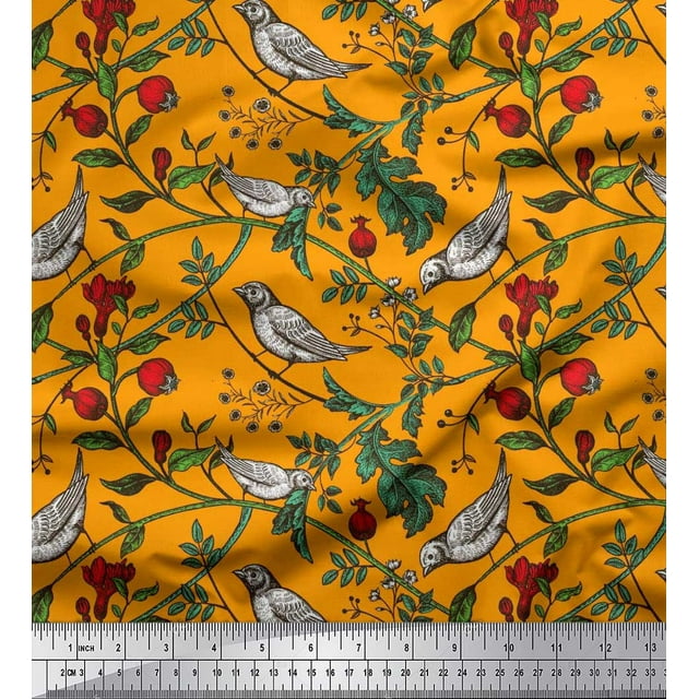 Soimoi polyester Crepe Fabric Bird & Leaf Bird Print Fabric by Yard 52 Inch Wide
