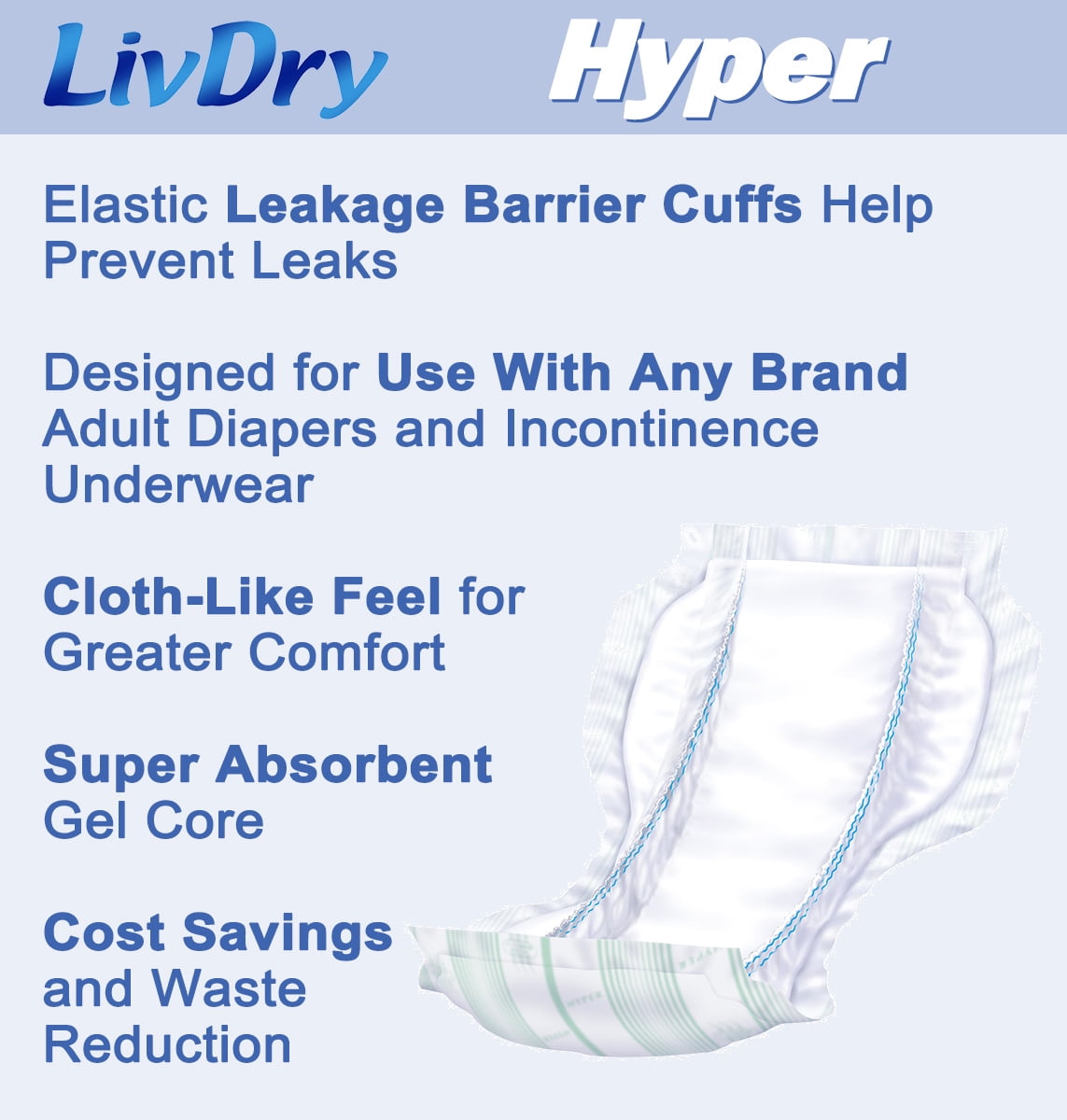 LivDry High Absorbency Pad Insert for Incontinence Briefs and Adult Diapers, Women and Men (Hyper 1600, 30-Pack)