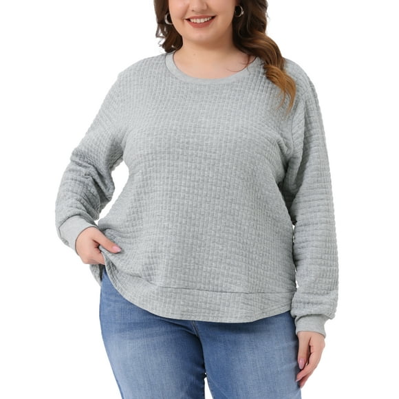 Sudadera de punto waffle para mujer Agnes Orinda, talla grande, cuello redondo, mangas largas, camiseta casual con dobladillo curvado, 2X gris plateado