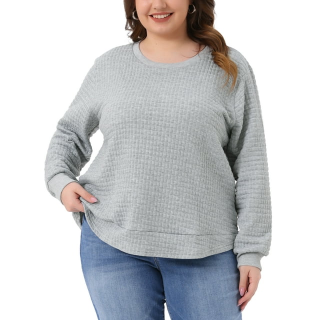 Sudadera de punto waffle para mujer Agnes Orinda, talla grande, con cuello redondo, mangas largas, dobladillo curvado, pulóver 4X gris plateado