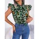 thumbnail image 4 of Blusa con estampado de leopardo y volantes con lazo y mangas cortas para fiestas y viajes de verano en color verde, 4 of 8