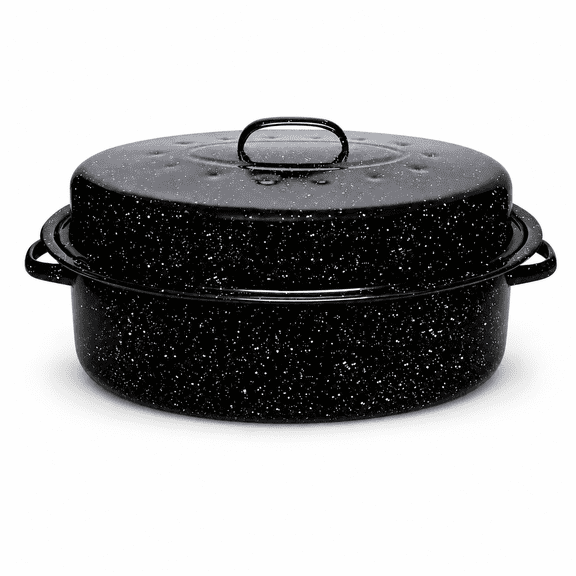 19 Inch Granite Enameled Steel Roasting Pan with Lid, Extra Large Oval Cookware