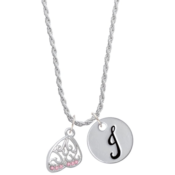 Delight Jewelry Silvertone Open Pink Crystal Butterfly Wing Silvertone Script Initial Disc - J - Charm Necklace, 20"+3"