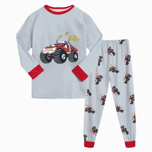 CAICJ98 Pajamas for Boys Long Sleeve Monster Truck Sleepwear Tops Pants Pjs Set Toddler Little Kids 2 Piece Soft Cotton Sleepwear (6-7 Years,Red)