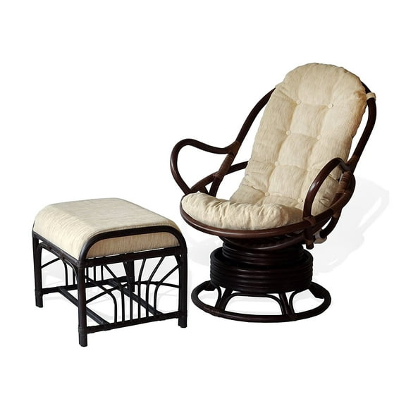 Java Lounge Swivel Rocking Chair Handmade Natural Wicker Rattan Furniture with Ottoman Krit, Dark Brown