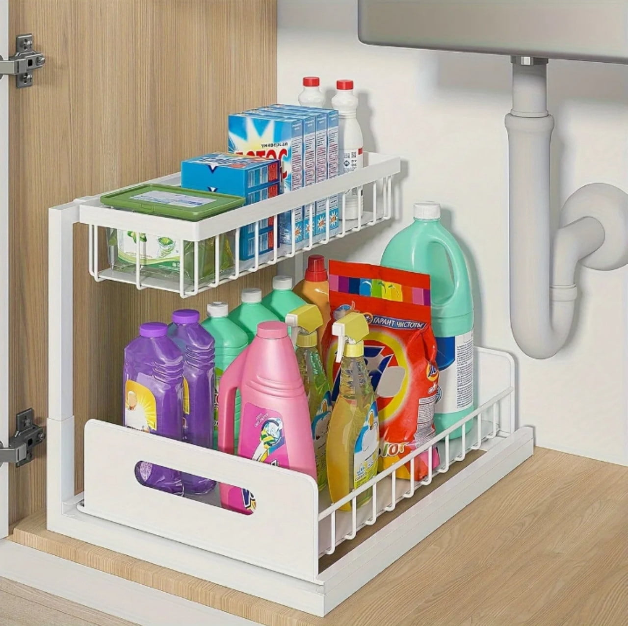 2-Tier L-Shape Under Sink Organizer, Slide Out Metal Kitchen & Bathroom Storage Rack, Kitchen Cabinet Organizer, 1 Pack