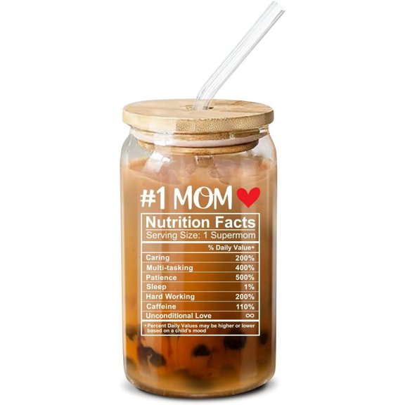 NewEleven Mom Nutrition Facts Glass Cup – 16oz Iced Coffee Tumbler, Funny Gift for Mom, Birthday or Mother’s Day Present from Kids