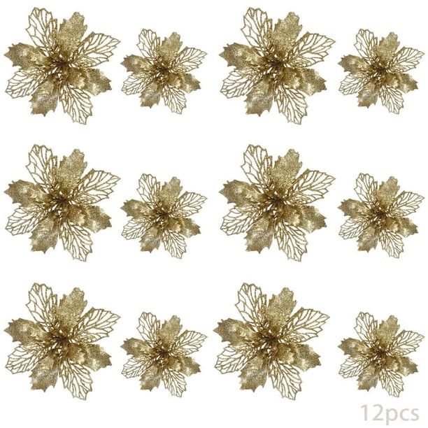 24 flores de Navidad, decoración de flores de Navidad, adornos para árboles de Navidad, poinsettia con purpurina, árbol de Navidad con purpurina, flores artificiales de Navidad, Navidad con purpurina. Xemadio HFP-0473-2