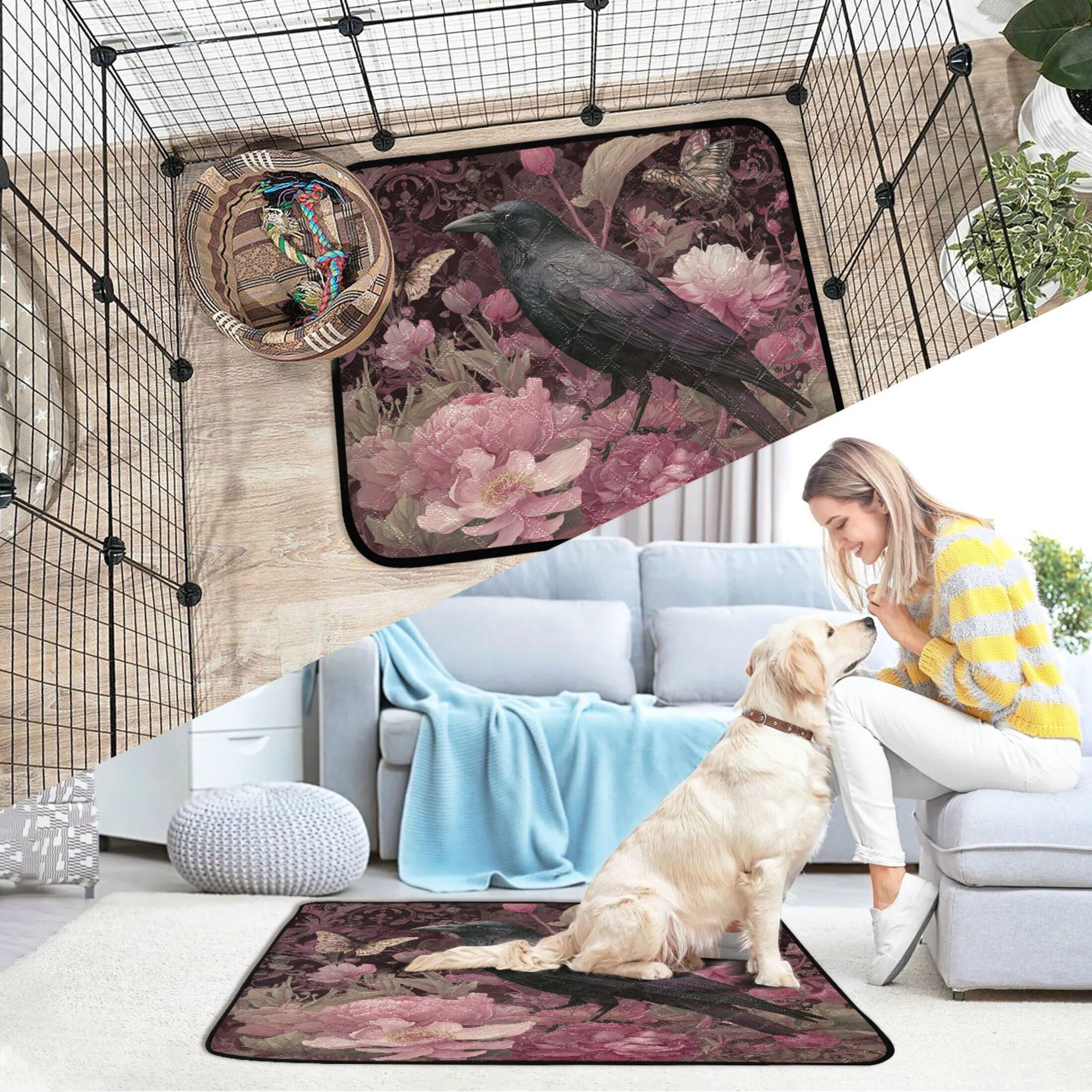 Qxltty Peony Crow Cat litter Pads Pet Set of 3 Diaper Mats Center Anti-leakage Layer Absorbent Soft and Comfortable
