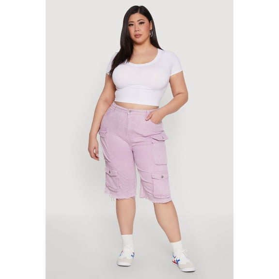 Womens Plus Size Daisy Acid Wash Cargo Bermuda Shorts