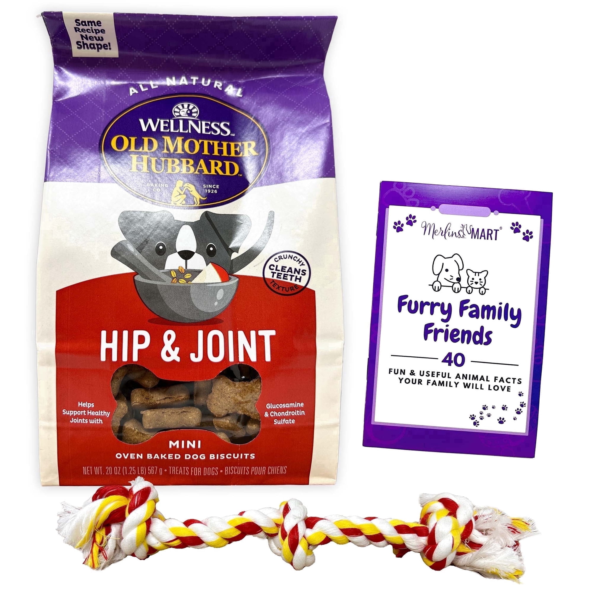 Old Mother Hubbard Mother's Solutions Hip and Joint Dog Treats, 20 oz Bag with MerlinsMart Zine and Rope Toy