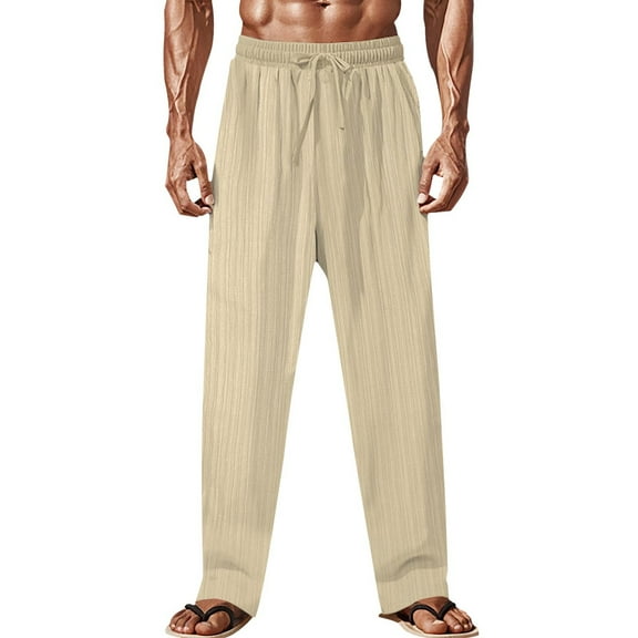 Handshe Men's Casual Fashion Solid Color Drawstring Elastic Waist Pants Summer Relaxed Fit Trousers