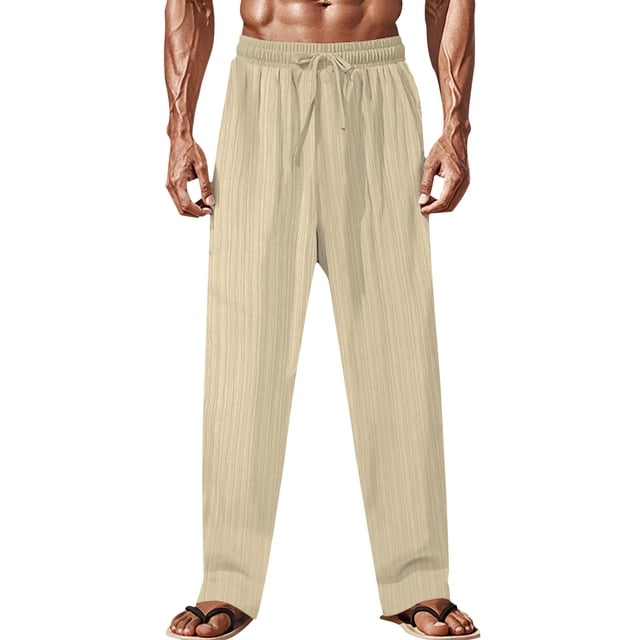 Pantalones largos de verano para hombre, casuales, de moda, de color sólido, con cordón y cintura elástica.